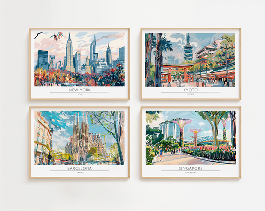Watercolour style city prints in landscape. Choose from 44 locations listed.