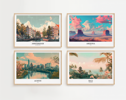 Retro style city prints in landscape. Choose from 56 locations listed.