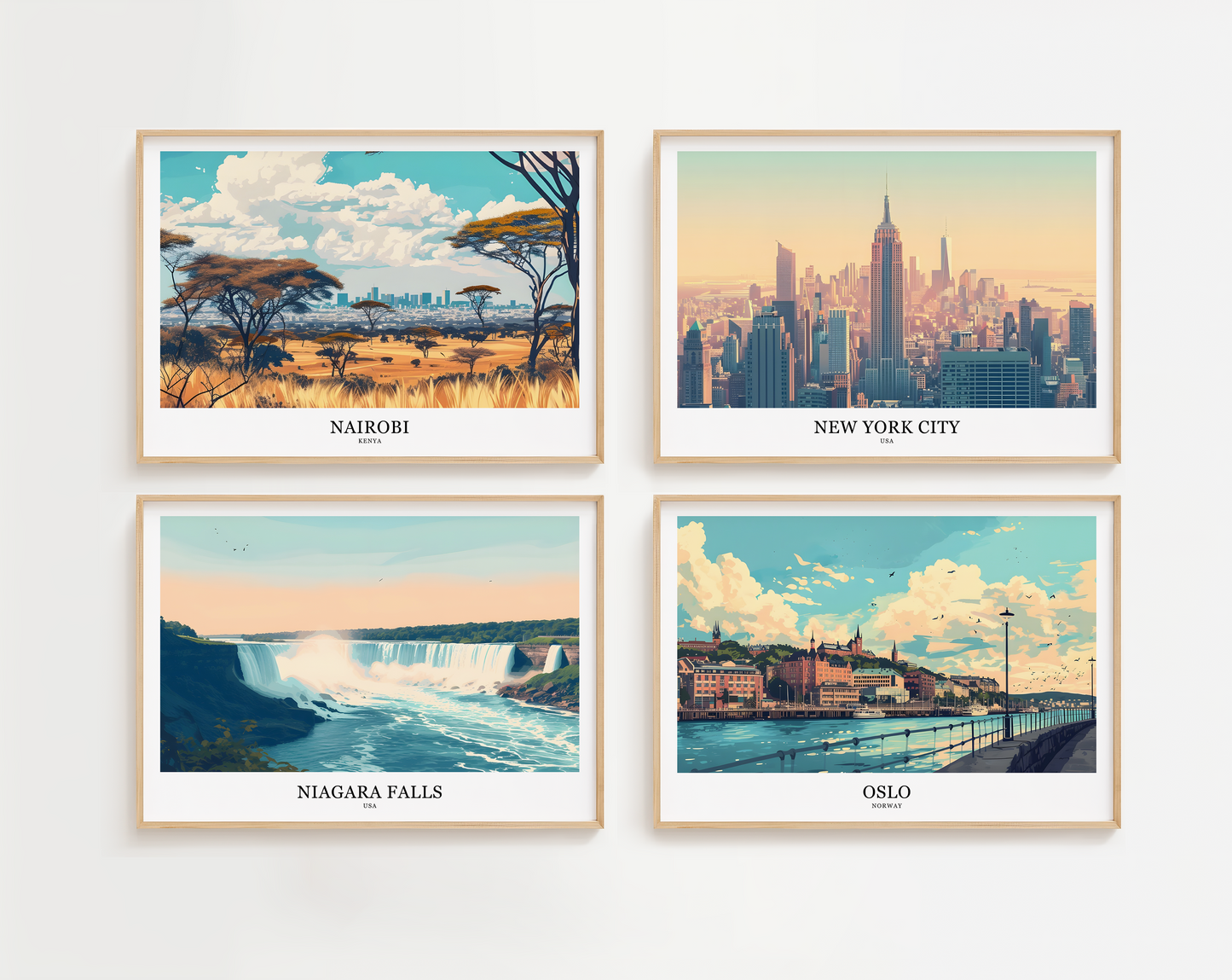Retro style city prints in landscape. Choose from 56 locations listed.