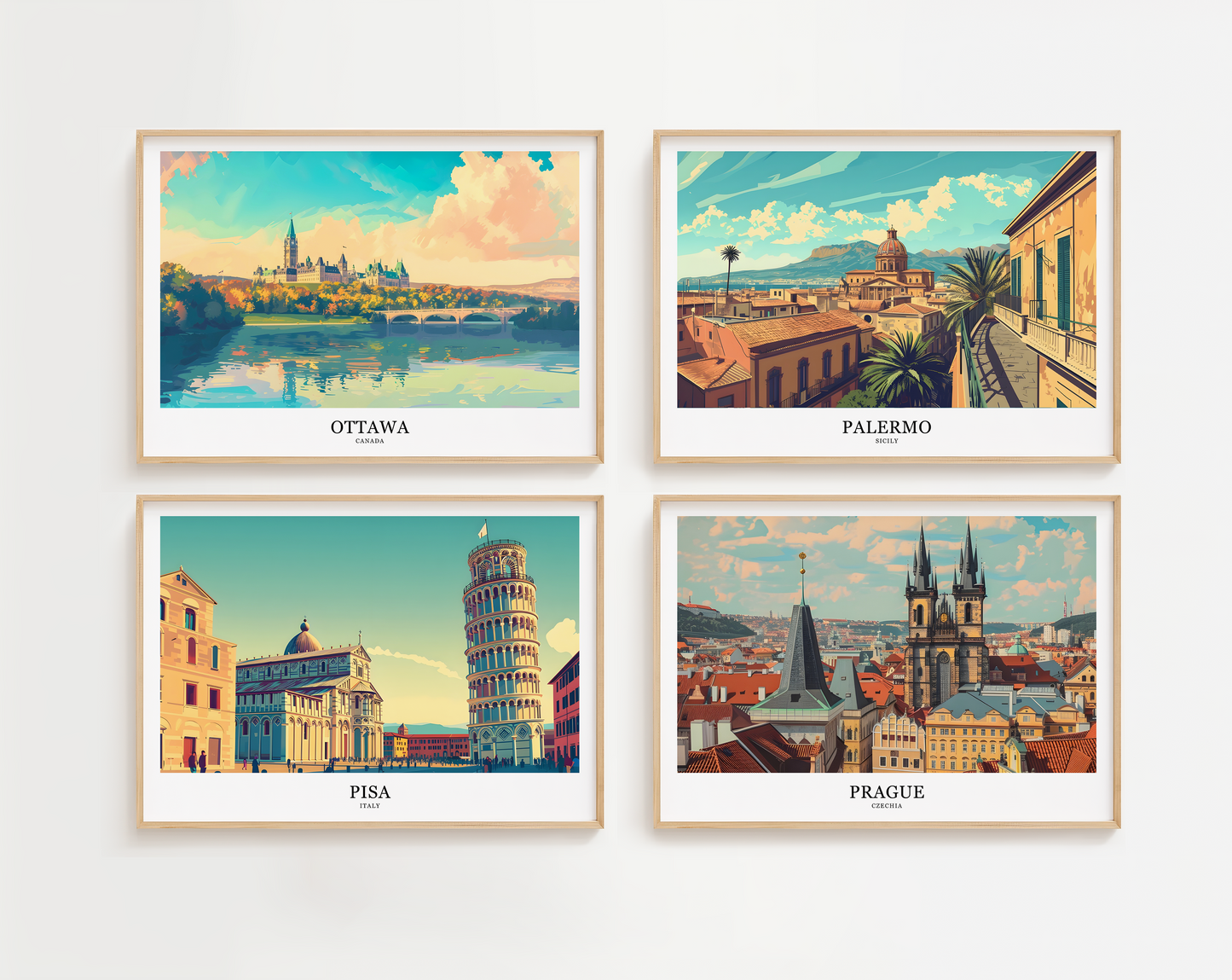 Retro style city prints in landscape. Choose from 56 locations listed.
