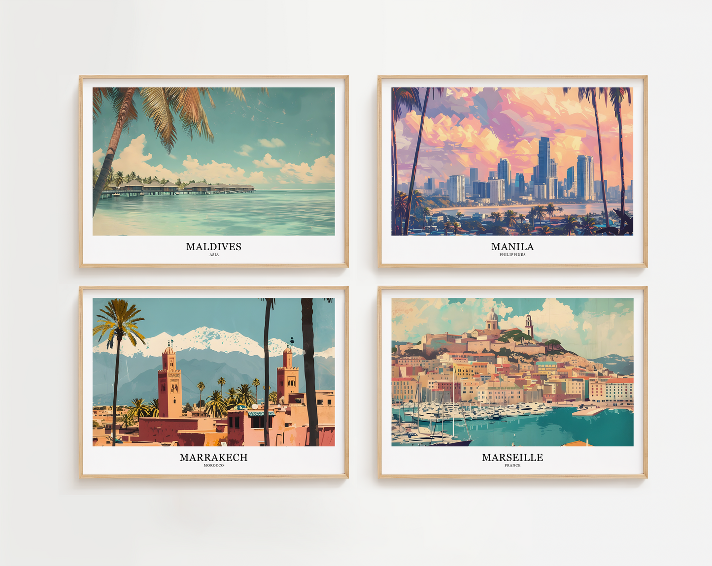 Retro style city prints in landscape. Choose from 56 locations listed.