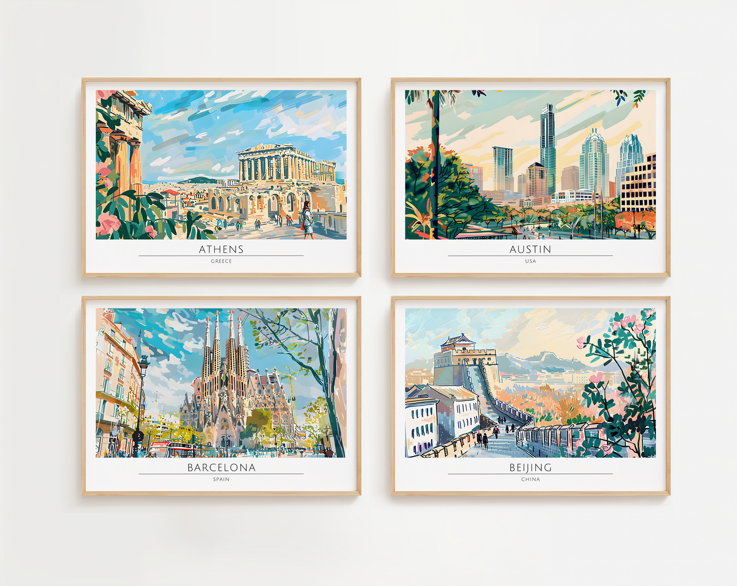 Watercolour style city prints in landscape. Choose from 44 locations listed.