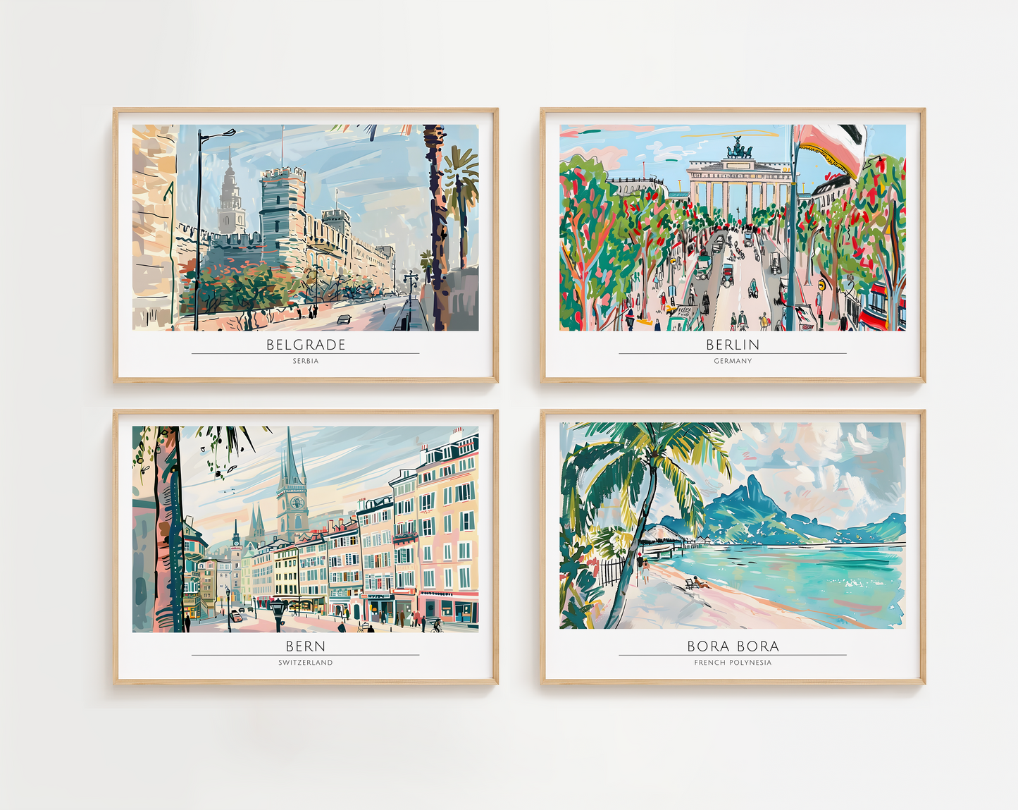 Watercolour style city prints in landscape. Choose from 44 locations listed.