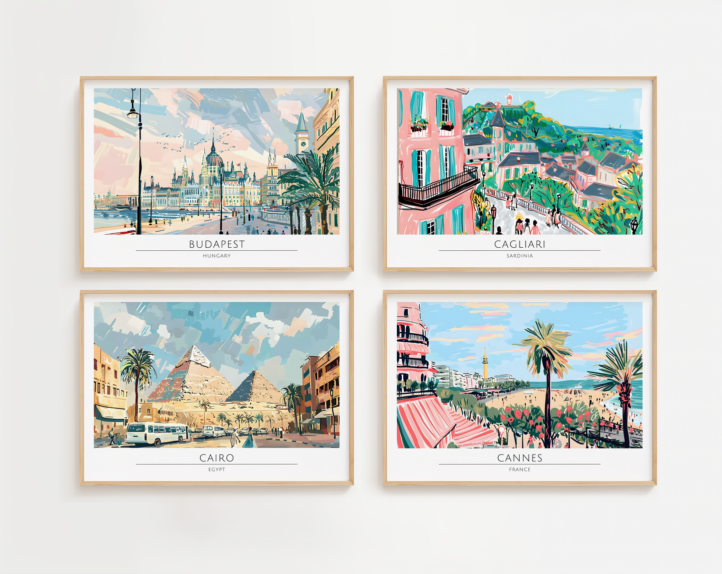 Watercolour style city prints in landscape. Choose from 44 locations listed.