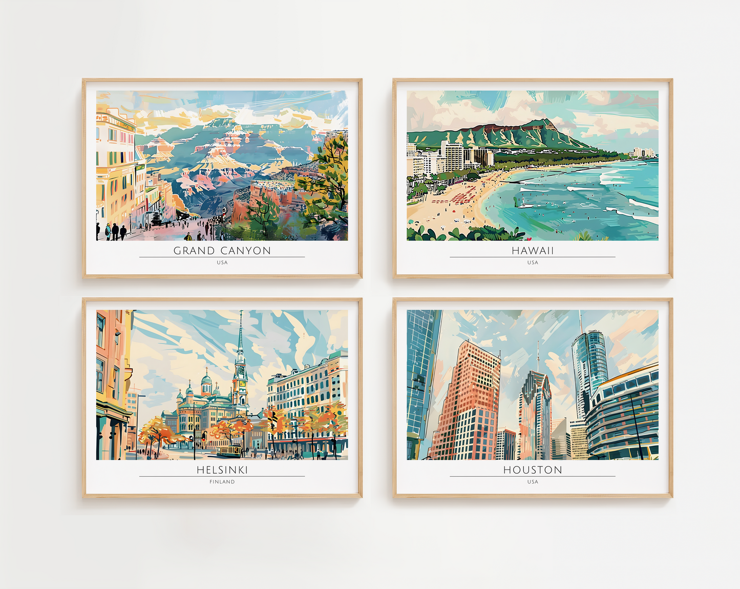 Watercolour style city prints in landscape. Choose from 44 locations listed.