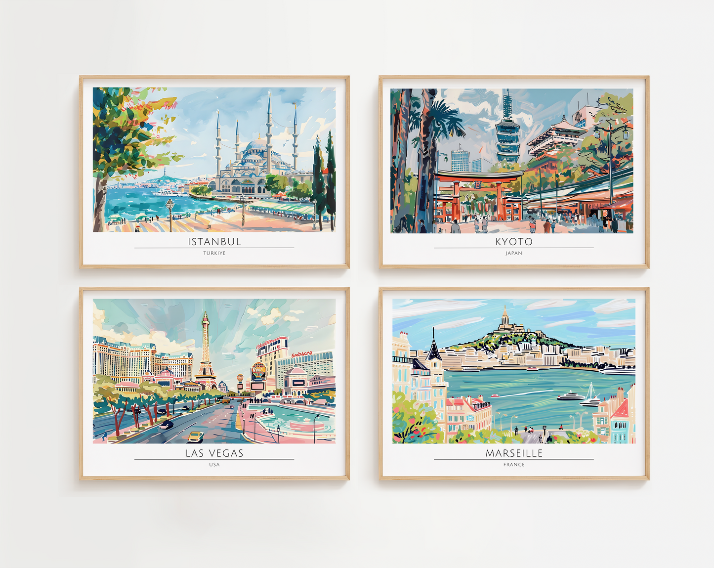 Watercolour style city prints in landscape. Choose from 44 locations listed.