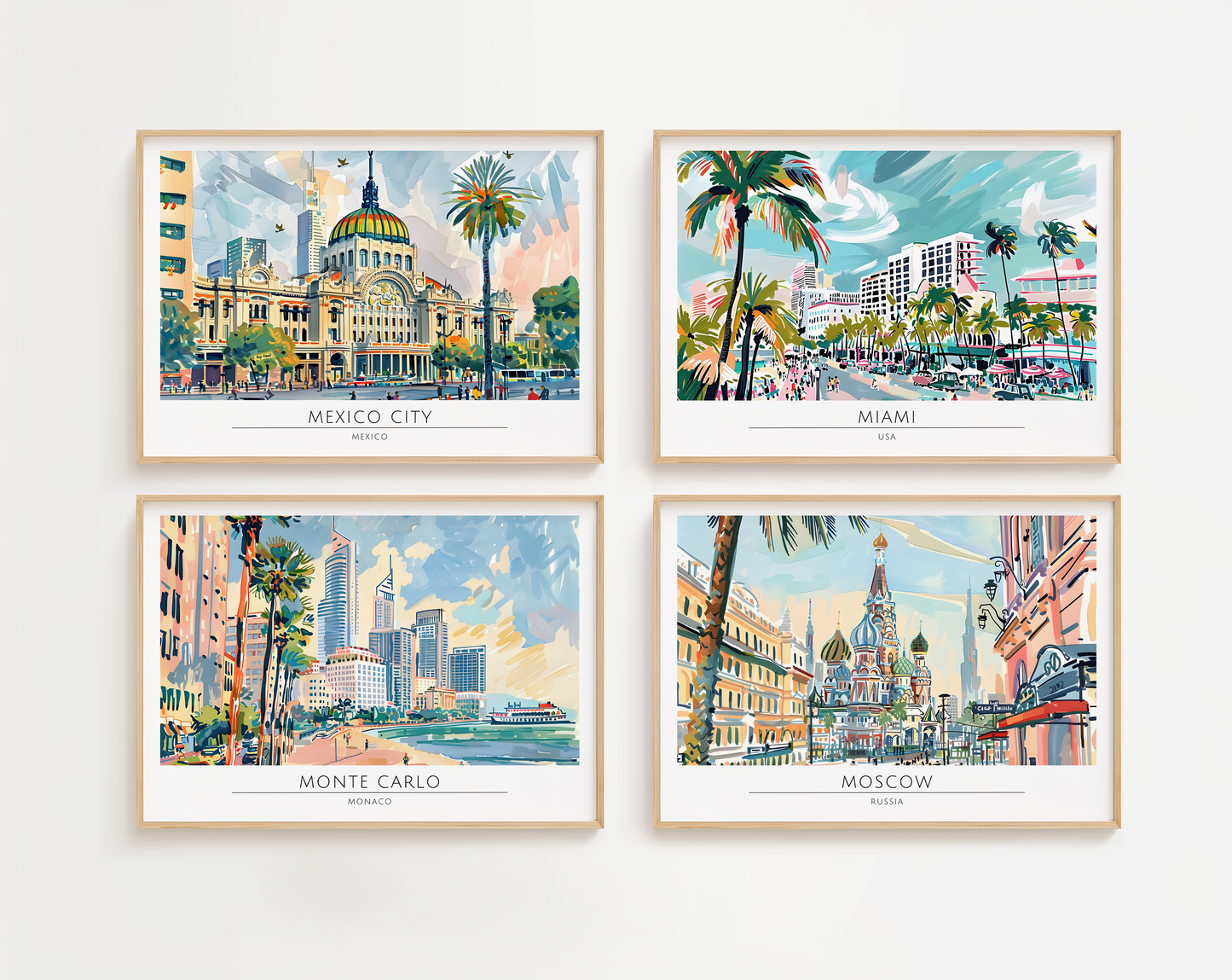 Watercolour style city prints in landscape. Choose from 44 locations listed.