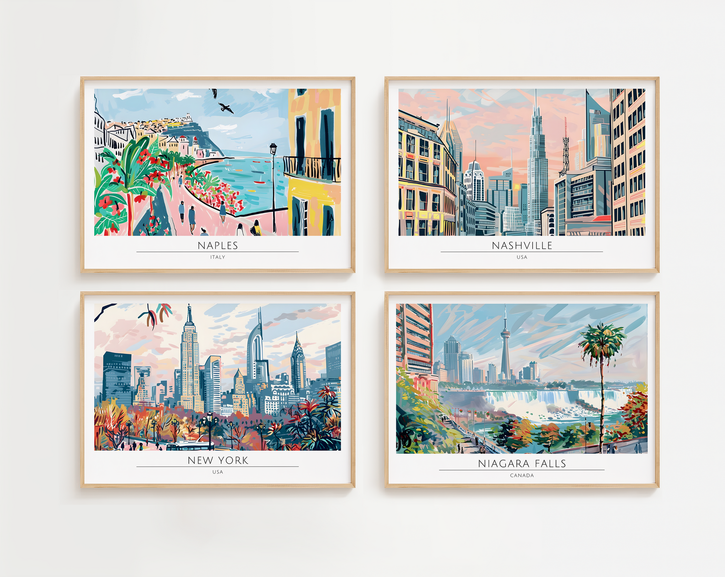Watercolour style city prints in landscape. Choose from 44 locations listed.