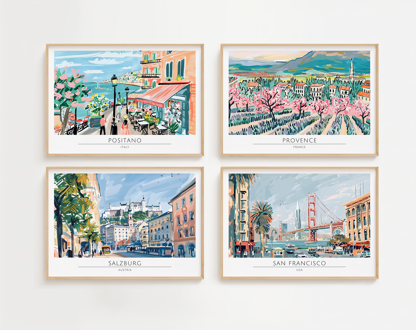 Watercolour style city prints in landscape. Choose from 44 locations listed.