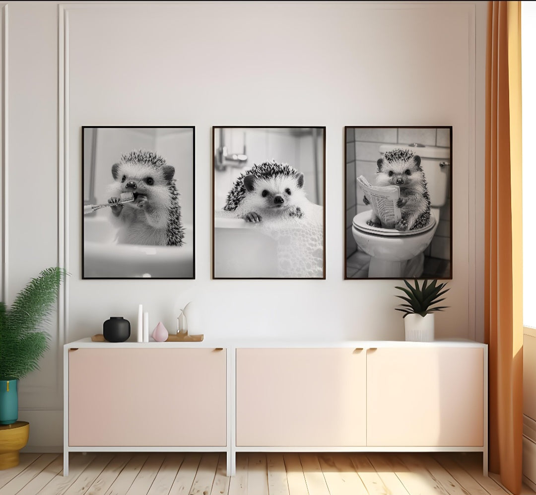 Set of 3 Hedgehogs in the bathrooms posters