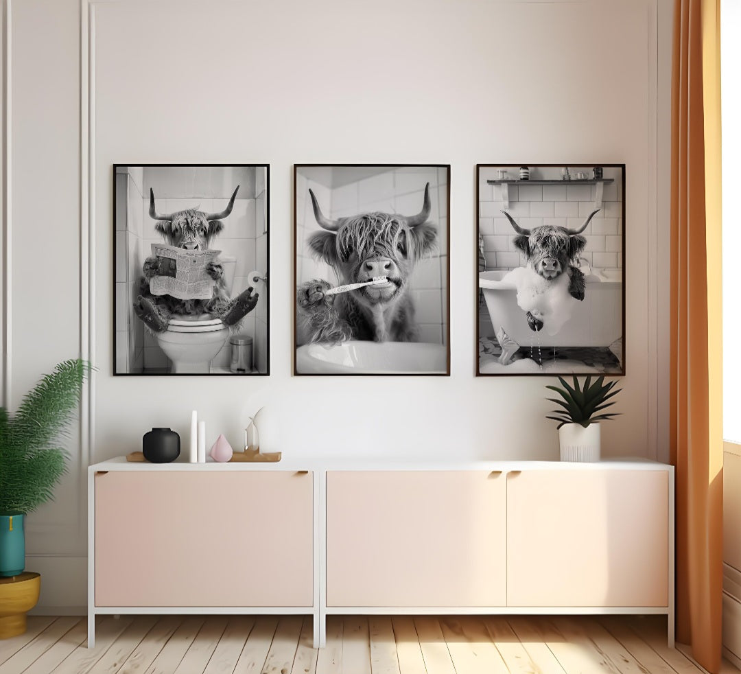 Set of 3 Highland Cow in the bathrooms posters