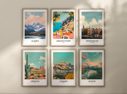 Retro style city prints. Choose from 84 locations listed.