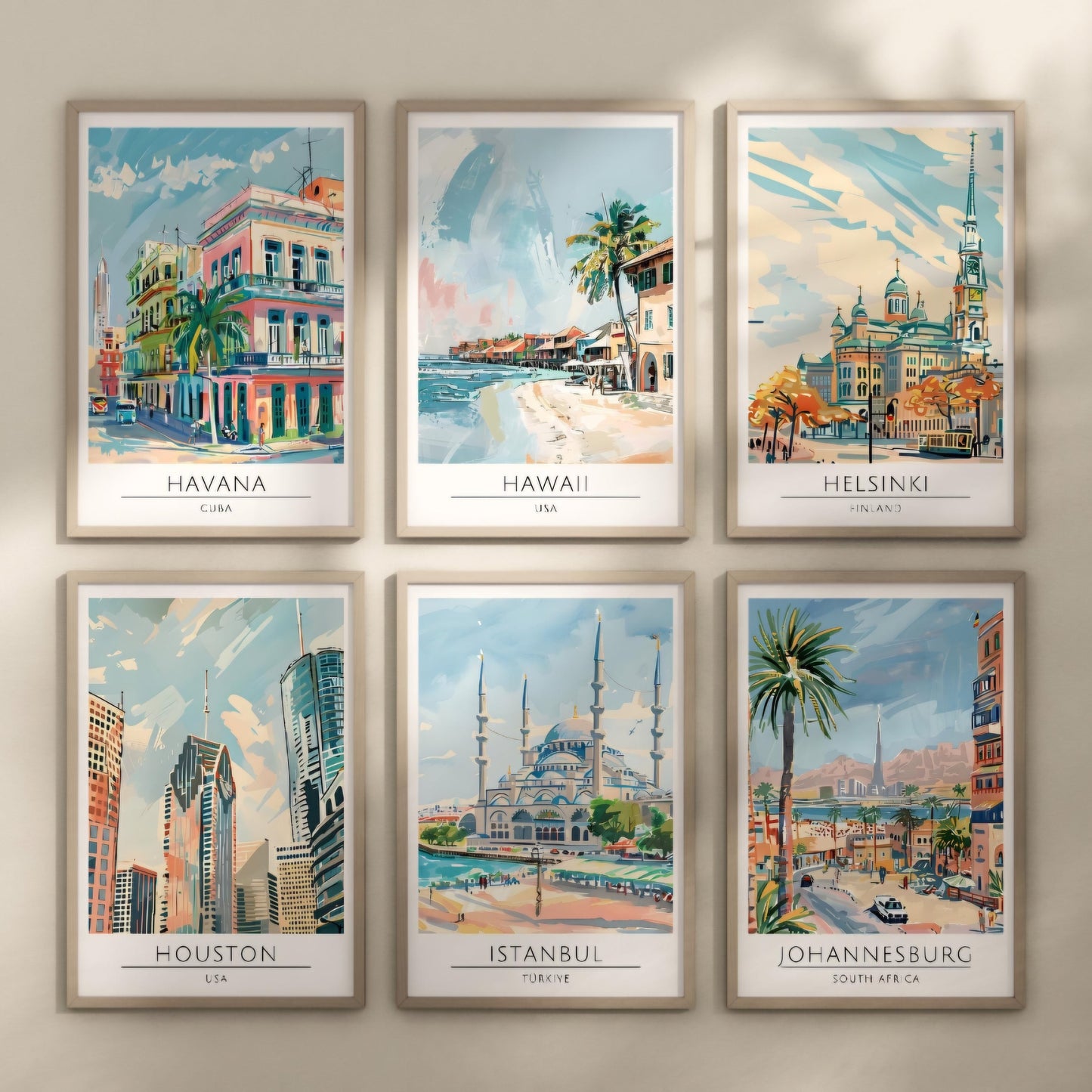 Watercolour style city prints. Choose from 116 locations listed.